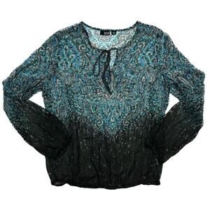 a.n.a Sheer Paisley Blouse Sheer Ombre Long Sleeve Women's Medium Blue Boho